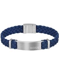 BOSS - Blue-suede Braided Cuff With Logo Plate - Lyst