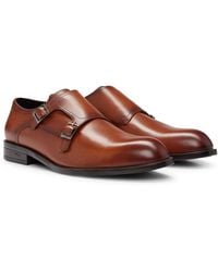 BOSS - Double-monk Shoes In Smooth Leather With Branded Buckles - Lyst