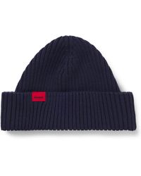 HUGO - Gerippte Mütze Aus Woll-Mix Mit Rotem Logo-Label - Lyst