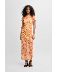 HUGO - Printed-Mesh Dress With Gathered Side - Lyst