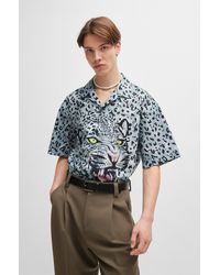 HUGO - Oversized Short-sleeved Shirt In Animal-print Cotton - Lyst