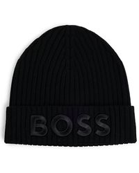 BOSS - Virgin-Wool Beanie Hat With Embroidered Logo - Lyst