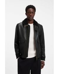 HUGO - Padded Leather Jacket With Shearling Details - Lyst