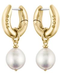 BOSS - Goldfarbene Ohrringe mit Logo und abnehmbaren Perlen - Lyst