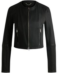 BOSS - Collarless Slim-fit Jacket In Rich Leather - Lyst