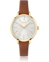 BOSS - Gold-toned Watch With Crystal Accents And Leather Strap - Lyst
