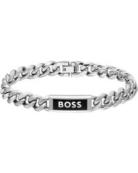 BOSS - Zilverkleurige Schakelarmband Met Logoplaatje - Lyst