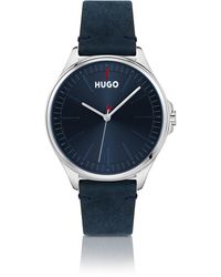HUGO - Distressed-leather-strap Watch With Blue Dial Men's Watches - Lyst
