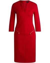 BOSS - Kleid Mit V-Ausschnitt, Reißverschlusstaschen Und 3/4-Ärmeln - Lyst
