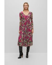 BOSS - Long Sleeved Dress In Plissé Tulle With Seasonal Print - Lyst
