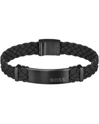 BOSS - Flecht-Armband aus schwarzem Veloursleder mit Logo-Applikation - Lyst