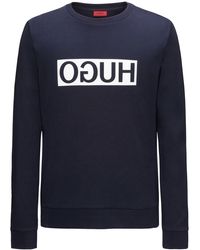 HUGO Regular-fit Sweatshirt Van Interlocked Katoen Met Gespiegeld Logo - Blauw
