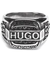 HUGO Logo Ring With Faceted Glass Stones - Metallic