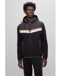 BOSS - Mixed-material Zip-up Hoodie With Signature-stripe Detail - Lyst