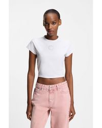 HUGO - Cropped Stretch-Cotton T-Shirt With Rhinestone Happy Logo - Lyst