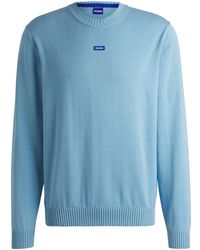 HUGO - Strickpullover Aus Baumwolle Mit Blauem Logo-Label - Lyst