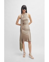 BOSS - One-shoulder Dress With Fringed Scarf Detail - Lyst