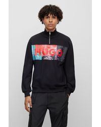 HUGO - Cotton-terry Zip-neck Sweatshirt With Logo Artwork - Lyst