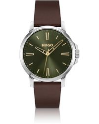 HUGO - Horloge Met Olijfgroene Wijzerplaat En Bruin Leren Bandje - Lyst