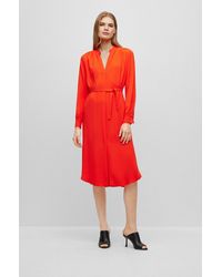 BOSS - Belted Dress With Collarless V Neckline And Button Cuffs - Lyst