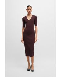 BOSS - V-neck Knitted Dress With Cropped Sleeves - Lyst