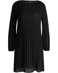 BOSS - Regular-Fit Kleid Mit Plissee-Falten Und Rundhalsausschnitt - Lyst