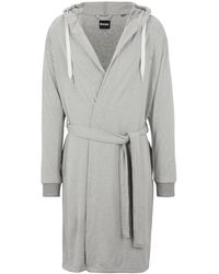 BOSS - Hooded Grey Dressing Gown With Logo-print Sleeves - Lyst