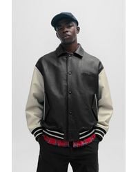 HUGO - Leather Varsity Jacket With Oversized Embossed Logo - Lyst
