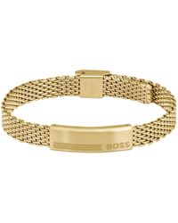 BOSS - Bracelet chaîne milanaise dorée avec plaquette logotée - Lyst