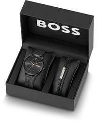 BOSS - Mesh-Bracelet Watch And Braided Leather Cuff Gift Set - Lyst