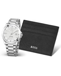 BOSS - Cadeauset Met Gegroefd Horloge En Leren Pasjeshouder - Lyst