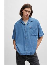 HUGO - Oversized-fit Short-sleeved Shirt In Blue Cotton Denim - Lyst
