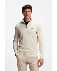 BOSS - Zip-Neck Cotton Sweater With Logo Print - Lyst
