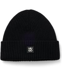 HUGO - Virgin-Wool Beanie Hat With Stacked-Logo Badge - Lyst