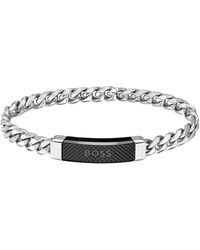 BOSS by HUGO BOSS Chain Cuff With Black- And Silver-tone Logo Plate - Metallic
