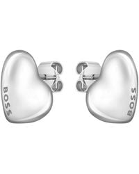 BOSS - Herzförmige, silberfarbene Ohrringe mit Logo-Details - Lyst