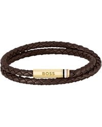 BOSS - Braided-Leather Cuff With Logo Closure - Lyst
