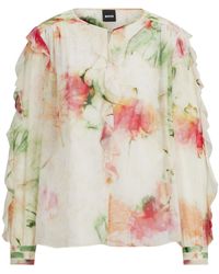 BOSS - Bedruckte Bluse aus Krepp in Knitter-Optik mit Rüschen-Details - Lyst