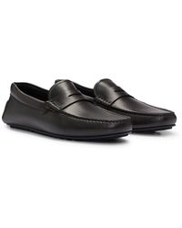 BOSS - Grained-leather Driver Moccasins With Logo Strap - Lyst
