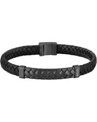 BOSS - Schwarzes Armband Aus Geflochtenem Leder Mit Fischgrätmuster Auf Dem Metall-Detail - Lyst