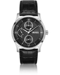 BOSS - Principle Master-Textured-Dial Watch With Leather Strap - Lyst