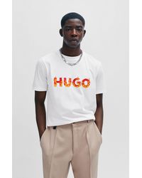 HUGO - T-shirt en jersey de coton avec logo flammes en relief - Lyst