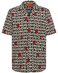 HUGO Relaxed-fit Shirt In Logo-print Cotton Canvas - Black