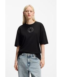 HUGO - Oversized-Fit Cotton T-Shirt With Rhinestone Happy Logo - Lyst