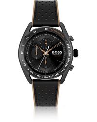 BOSS - Montre chronographe en acier plaqué de couleur noire avec un bracelet en cuir perforé - Lyst