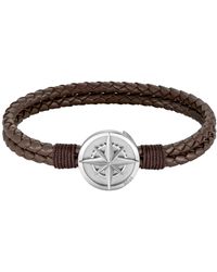 BOSS - Braided Brown Leather Cuff With Silver-tone Compass Plate - Lyst