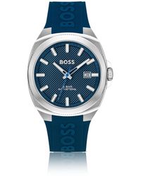 BOSS - Silicone-logo-strap Watch With Blue Guilloché Dial - Lyst