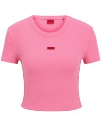 HUGO - Slim-Fit T-Shirt in Cropped-Länge aus Stretch-Baumwolle mit rotem Logo-Etikett - Lyst