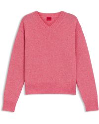HUGO - Pullover Aus Woll-Mix Mit V-Ausschnitt Und Logo-Detail - Lyst