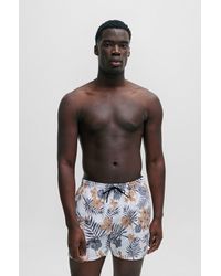 BOSS - Tropical-print Quick-drying Swim Shorts With Logo Badge - Lyst